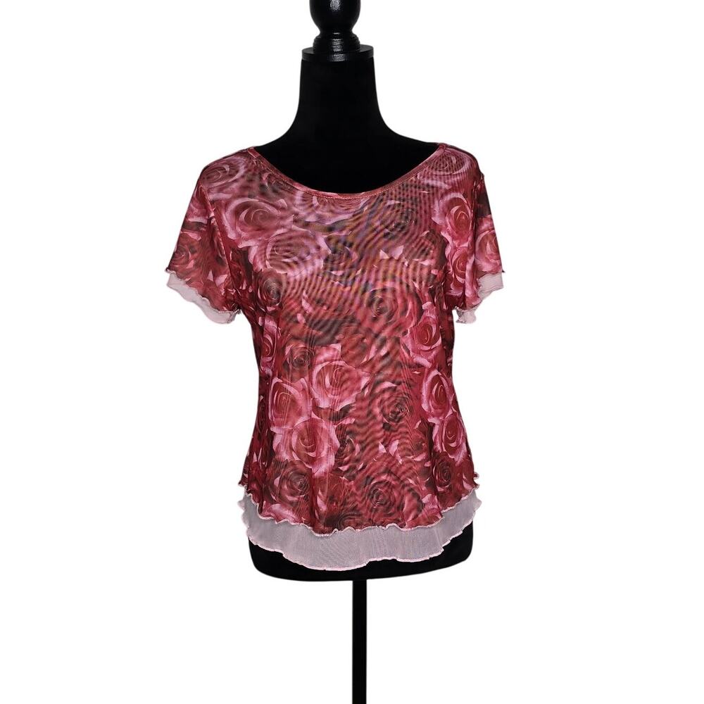 Almost Famous Rose Floral Mesh Top 1X Sheer Romantic Fairy Grunge Y2K
